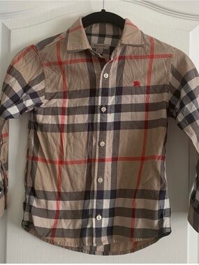 Burberry Beige Plaid Cotton Button-Down Shirt - boys 6